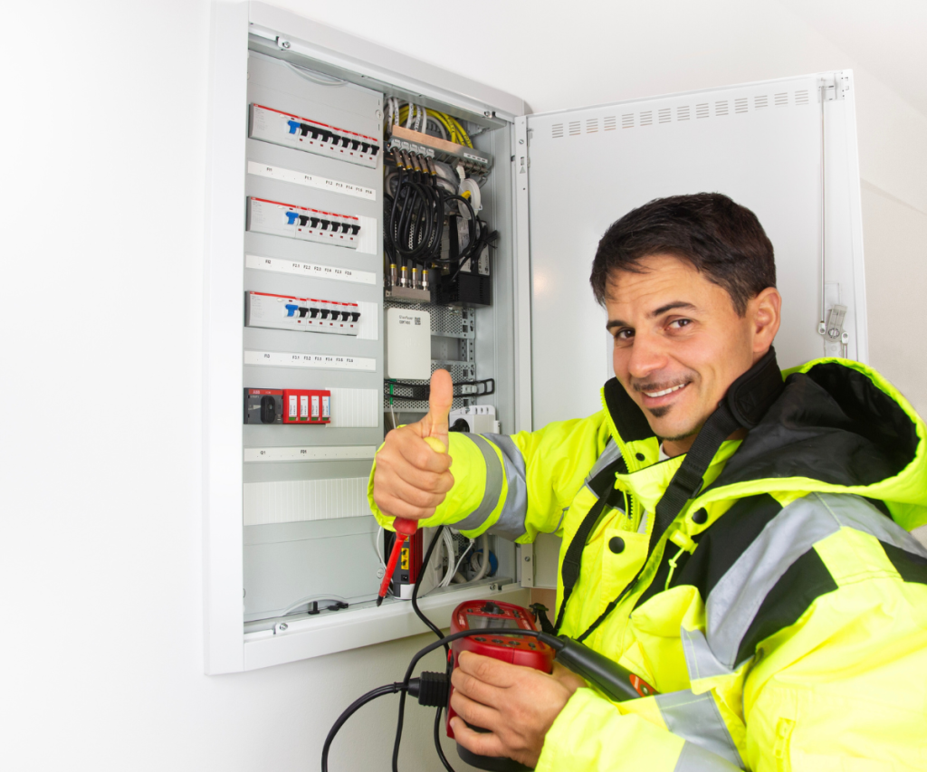 Electrician working on a circuit breaker panel, smiling and giving a thumbs up while holding a multimeter, dressed in a bright yellow safety jacket.