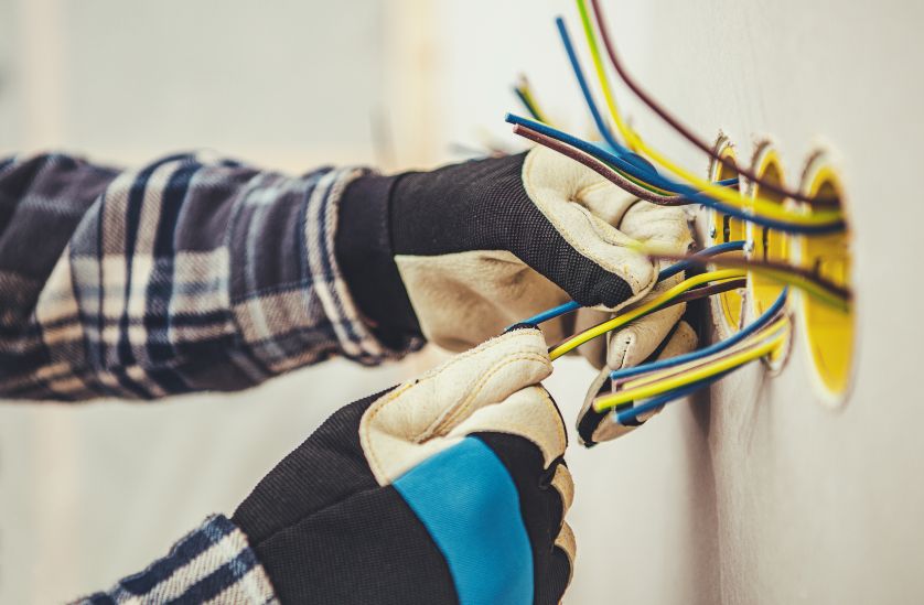 Electrician installing wires into wall outlets, wearing safety gloves and a plaid shirt, showcasing a close-up of electrical work and wiring connections.
