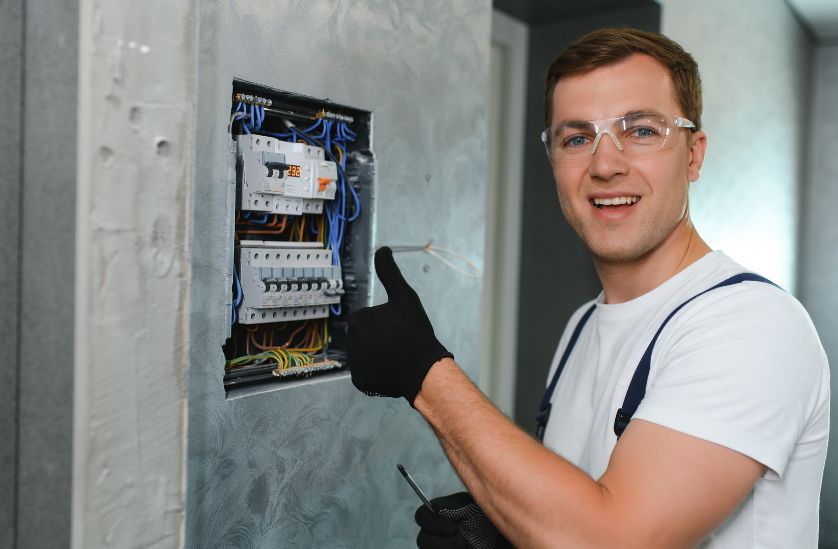 Electrician working on a circuit breaker panel, wearing safety glasses and gloves, giving a thumbs up to indicate successful completion of electrical repairs.