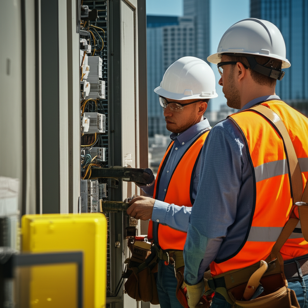 Electricians in safety gear working on a control panel outdoors, focusing on electrical components with a city skyline in the background.
